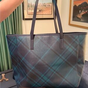 Talbots Navy and Teal Plaid Tote